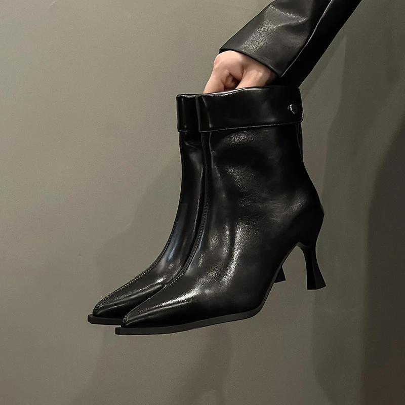 Shoes Female 2024 Ankle Women's Boots Plus Size Modern Boots Women Turned-over Edge Pointed Toe Thin Heels Back Zip Shoes Women