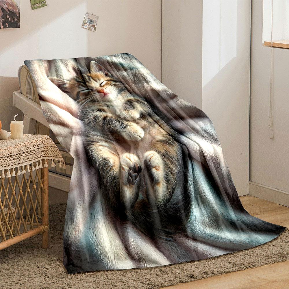 Cute Sleeping Kitten Print Flannel Blanket bedroom Blanket for Livingroom Couch lunch break Soft throw for Friend's festival Gift