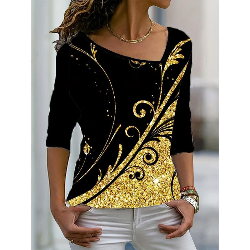 

Plus Size 2024 Summer New Women s Printed Pattern T-Shirt Asymmetric Neck Long Sleeve Loose Top 8XL