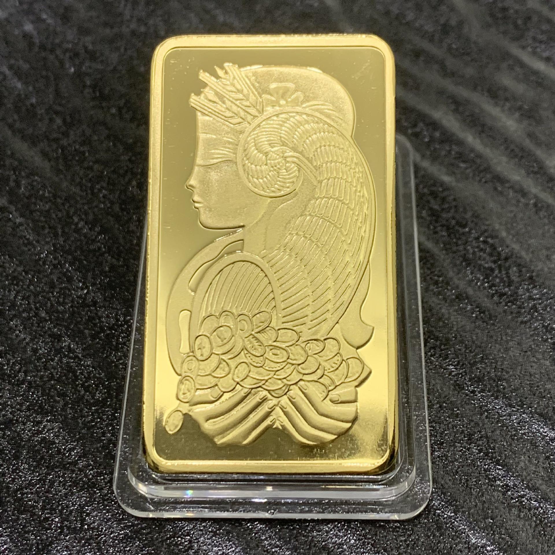 

Swiss Goddess of Wealth Commemorative Gold Bar Badge 50x28mm, 3mm thick