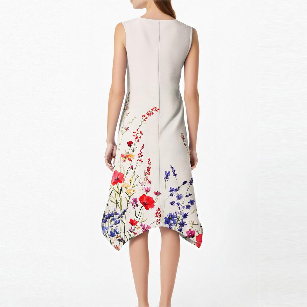 Women's Casual Fashion Round Neck Sleeveless Print Irregular Hem Midi Dress Hem Midi Dress