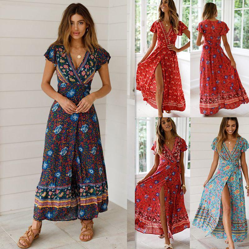 Elegant Women Wrap Summer Boho Floral Short Sleeve Maxi Print Dress For Holidays