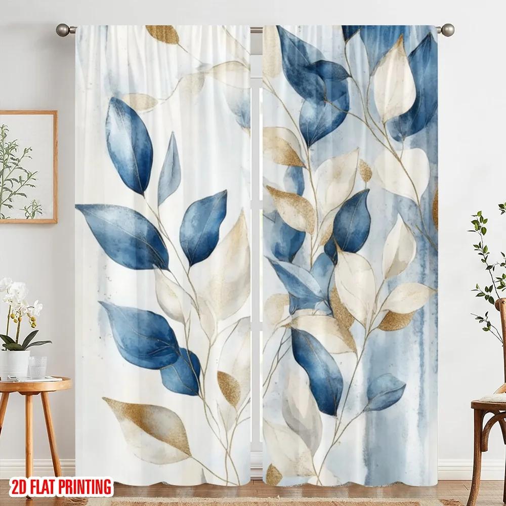 Set Of 2 Plane Printing Window Curtain Blue Serenity Leaves Versatile Polyester Fabric Without Rod All Bedroom Ideal For Sleeping Area
