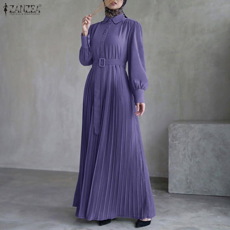 ZANZEA Women Casual Turn Down Collar Loose Long Sleeve Pleated Dress
