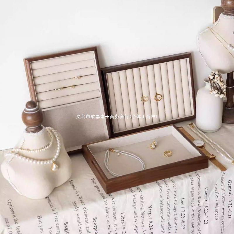 Black Walnut Metal Jewelry Tray with Linen Display for Rings