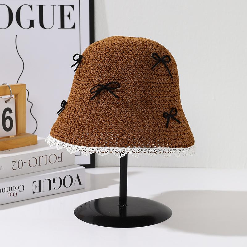 

Spring and autumn hat women s Xiaoqing bow knitted bucket hat summer face small sunscreen sun hat One Size
