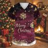 Women's Fashion Christmas Print V-Neck Short Sleeve Caregiver Work Top with Pockets