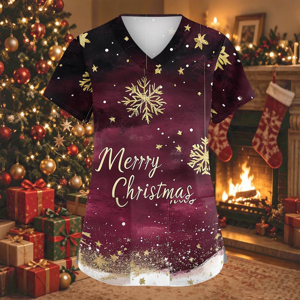 Women's Fashion Christmas Print V-Neck Short Sleeve Caregiver Work Top with Pockets