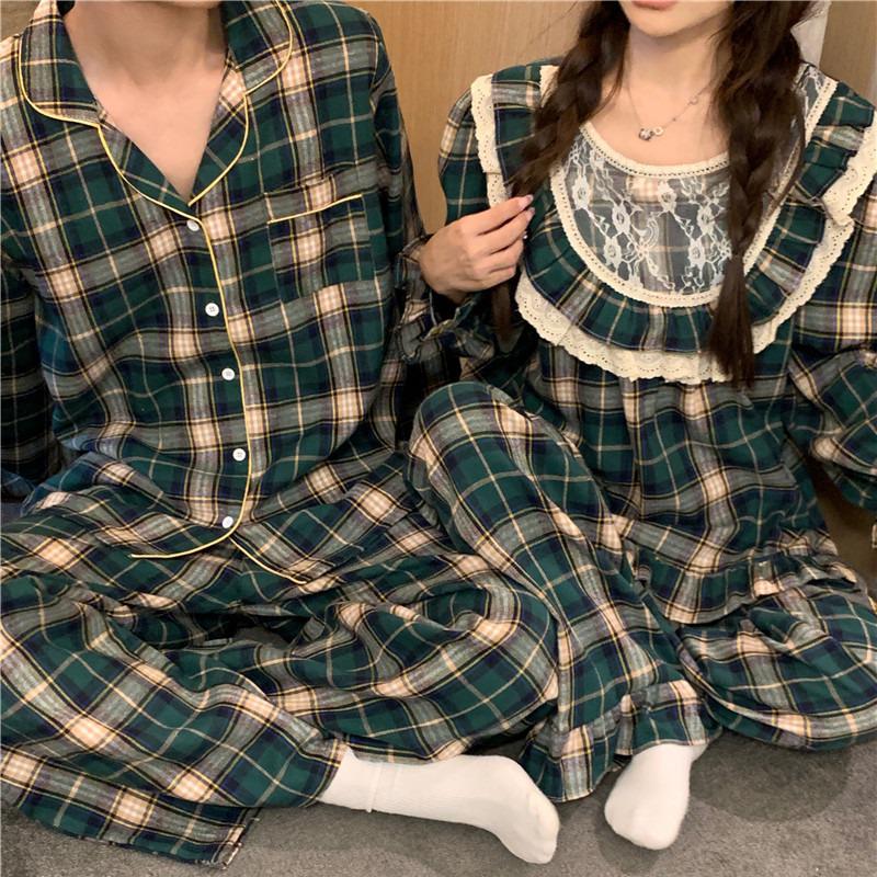 Korean-Inspired Autumn/Winter Plaid Pajama Set with Lace Trim for Couples