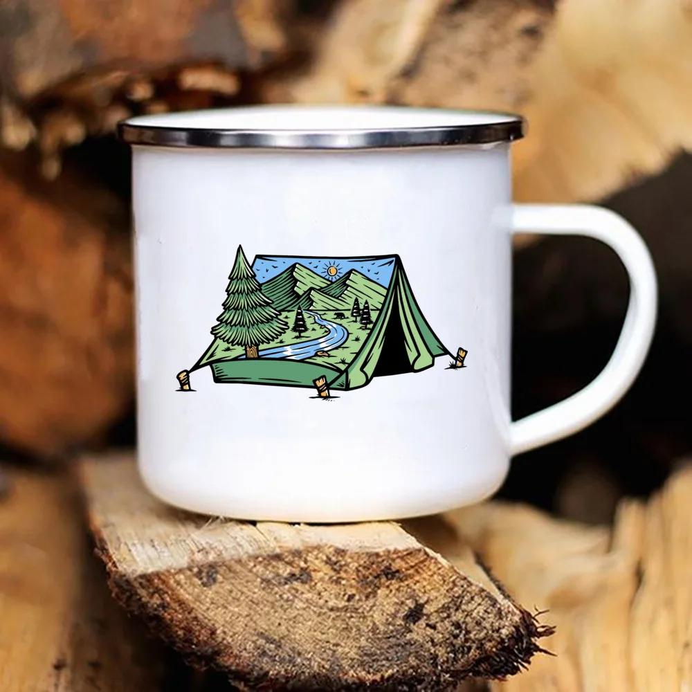 Touring Enamel Mug Caravan Printed Camper Mugs Camping Enamel Mug Adventure Campfire Party Beer Juice Cup Gifts for Camper