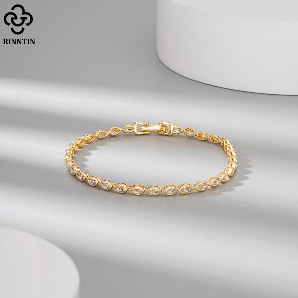 Rinntin Glänzendes Tennisarmband 925er Silber Birnenschliff 2*4mm Zirkonia Bazel-Fassung Luxuriöse Hochzeits-Kettenarmband Schmuck SB154