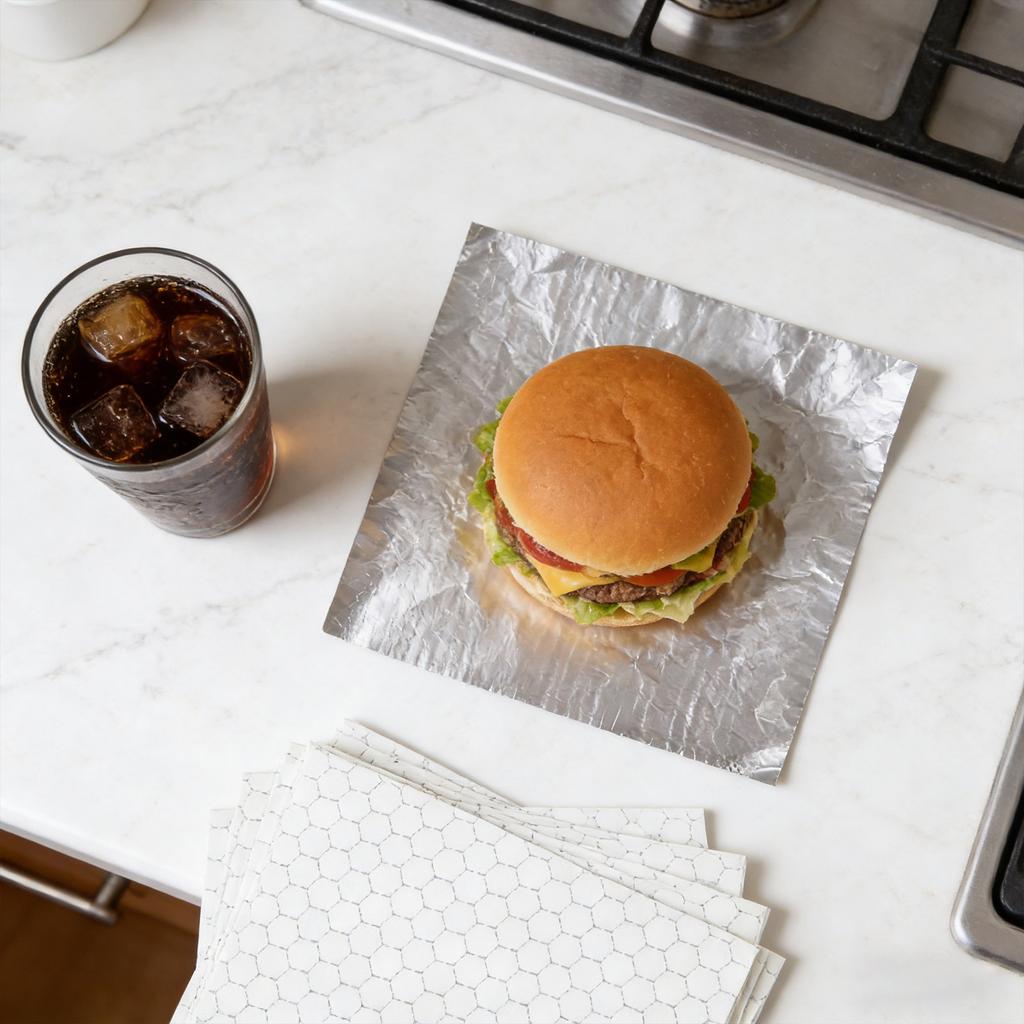 Fogli di Carta Alluminio per Hamburger di Grado Alimentare 50/100 Fogli Resistenti al Grasso e Impermeabili per la Conservazione di Cibi Caldi