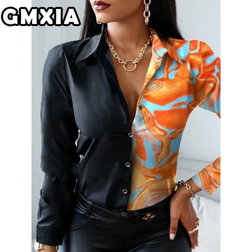 GMXIA Damenmode Lässig Freizeit Einfarbig Druck Langarm POLO Kragen Blusen & Hemden