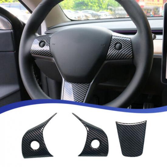 3X Carbon Fiber Interior Steering Wheel Cover Trim For Tesla Model Y/3 -2024