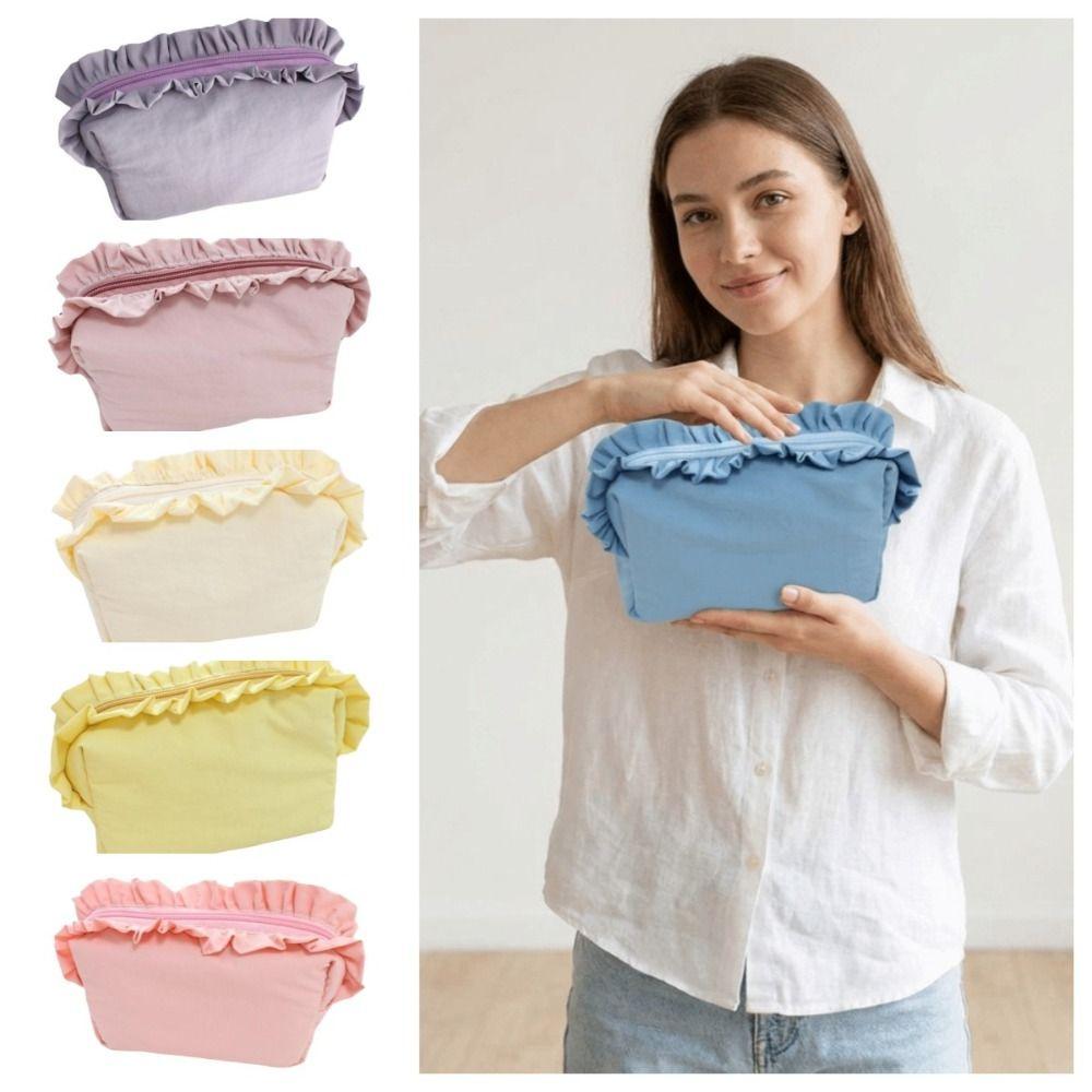 Solid Color Ruffle Makeup Bag Large Capacity Toiletry Organizer Creative Cosmetic Cases  Travel