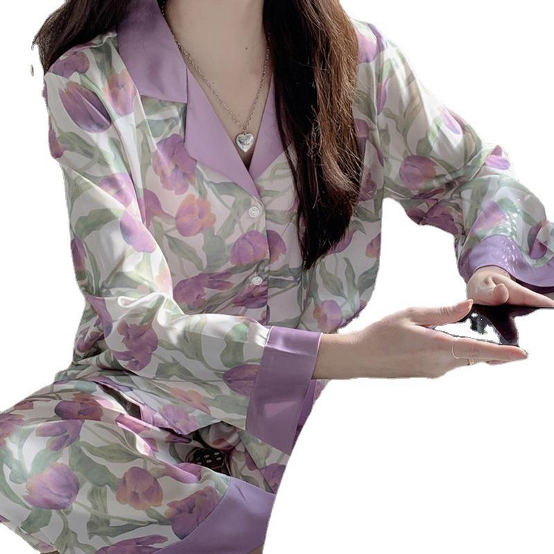 Purple Tulip Ice Silk Pajamas Women'S Summer Sweet And Gentle Can Be Worn Outside Long-Sleeved Loungewear Women'S Two-Piece Set