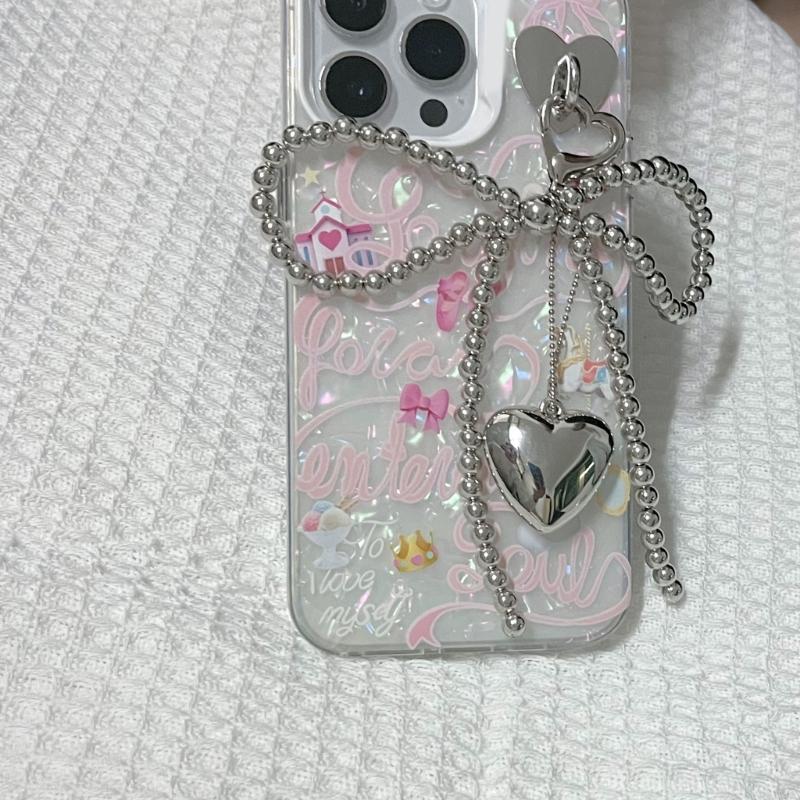 Bowknot Heart Pendant Keychain Beaded Phone Charm Detachable Bows Phone Lanyard Handmade Keyring Jewelry for Bag Purse