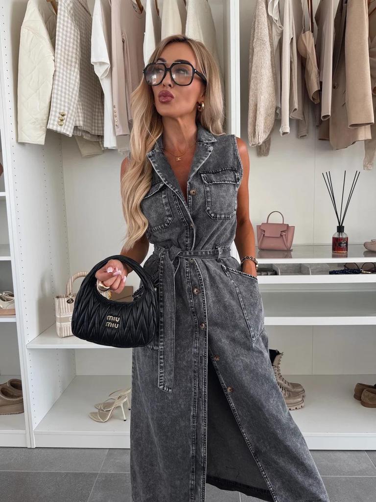 European & American Style Sleeveless Tie-Waist Denim Dress