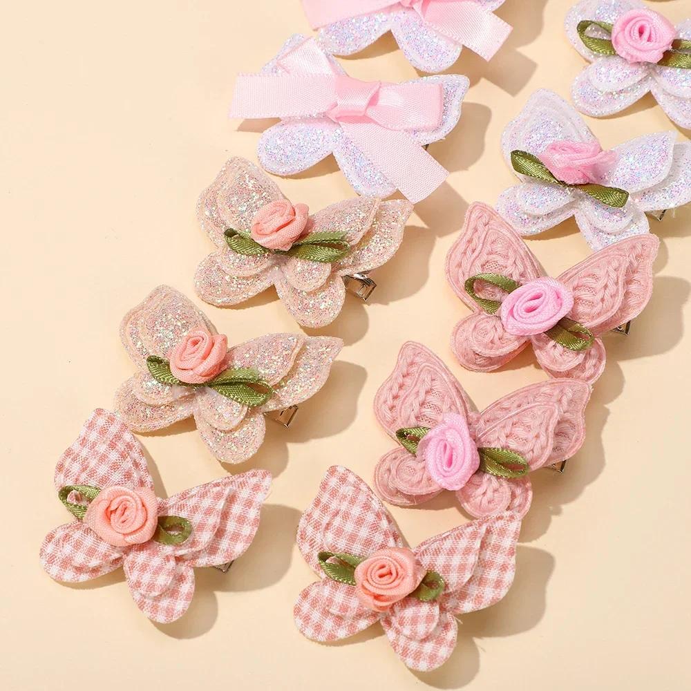 14pcs/set Cute Butterfly Hair Clips for Women Girls Handmade Sweet Hairpins Plaid Flower Kids Toddler Headwear Hair Accessories
