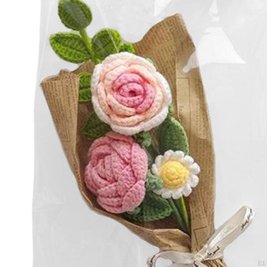 Knitted Flower Artificial Finished Floral Table Hand Crochet Bouquet for Valentines