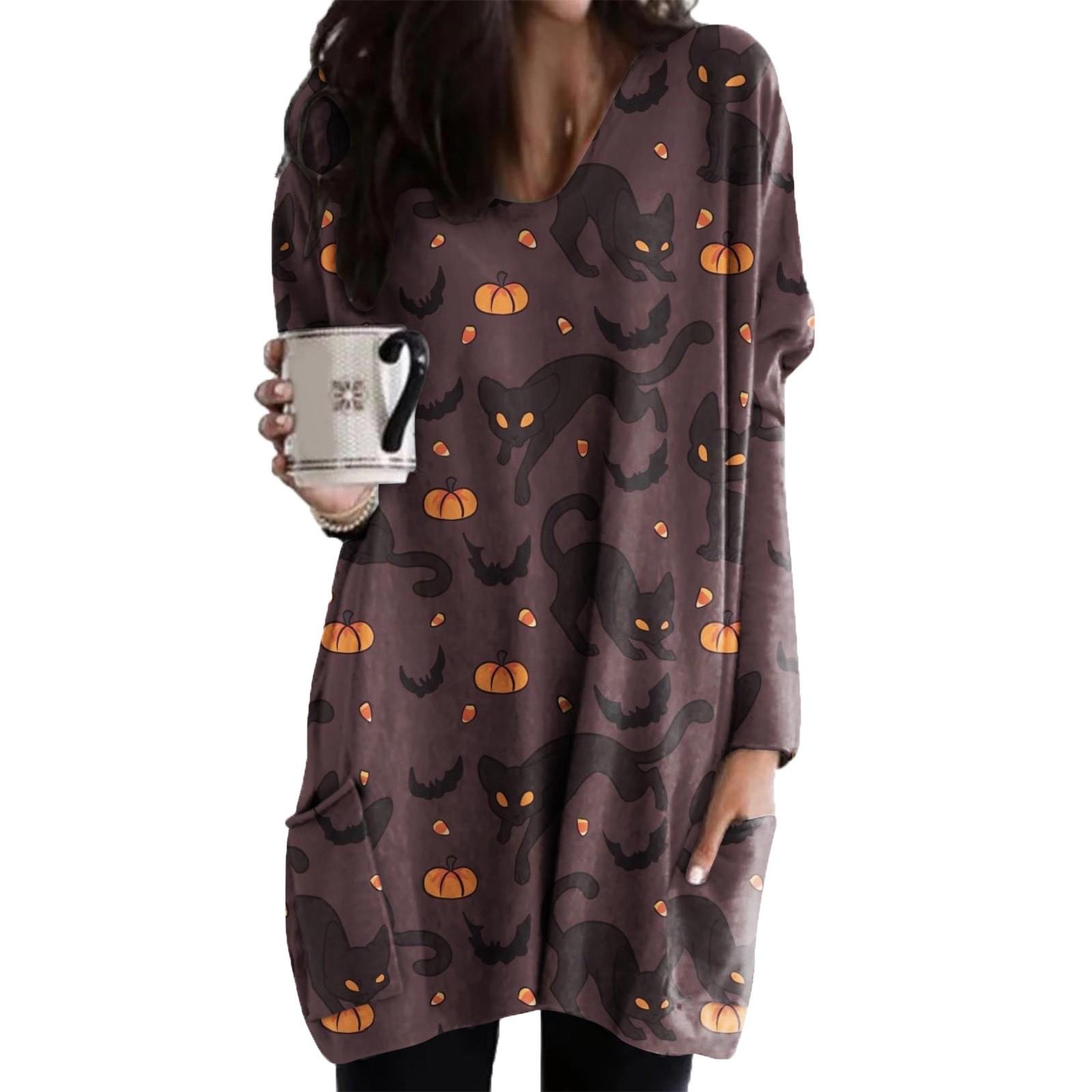 

Женский повседневный пуловер с круглым вырезом и длинным рукавом с карманом на Хэллоуин с принтом миди M