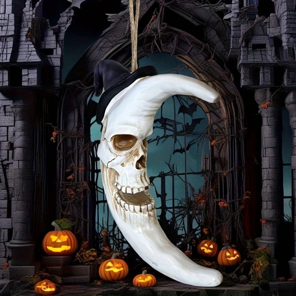 Waterproof Spooky Halloween Skull with Hat Skull Moon Hanging Decoration  Escape Room