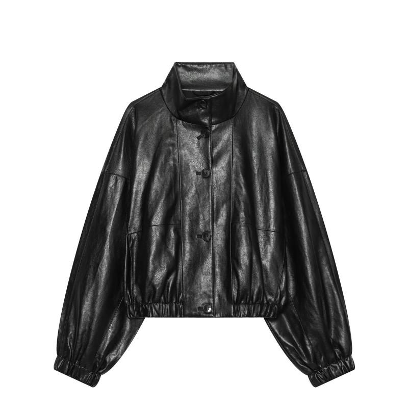 Womens Faux Leather Jacket Stand Collar Loose Fit Short Coat Fall Winter