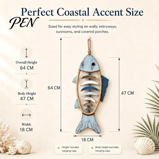 Wear Resistant Courtyard Pendant Wooden Fish Wall Hanging With/Without LED Light, Nautical Decor, Coastal Theme Fishbone Durable Fine Craftsmanship