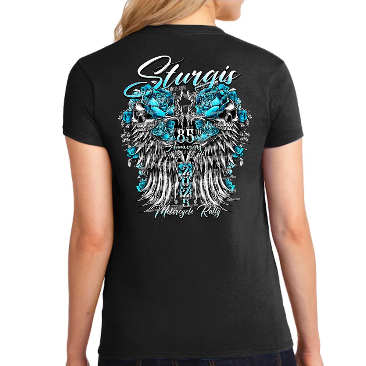Ladies Missy Cut 2025 Sturgis Motorcycle Rally Rose Skull Wings T-Shirt XL
