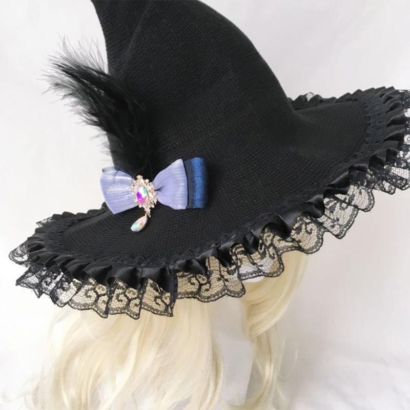 Witch Hat Feathered Witch Pointed Hat Magican Hat Halloween Witch Hat Wizard Hat Masquerad Halloween Witch Costume