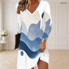 Women Plus Size V Neck Long Sleeve Blue White Printed Curved Hem Dress