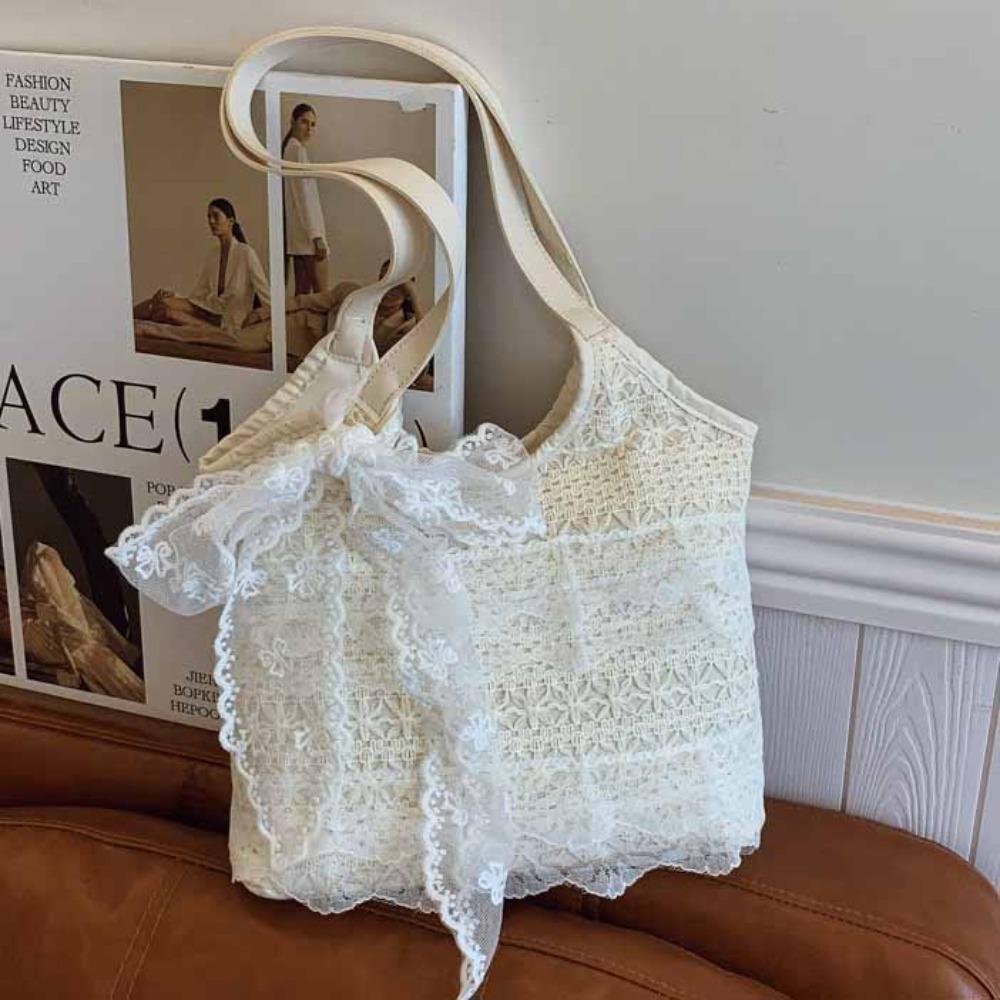 S krajkou a stuhou Taška přes rameno Korejský styl Velkokapacitní taška Nákupní Jednoduchá plátěná kabelka Práce