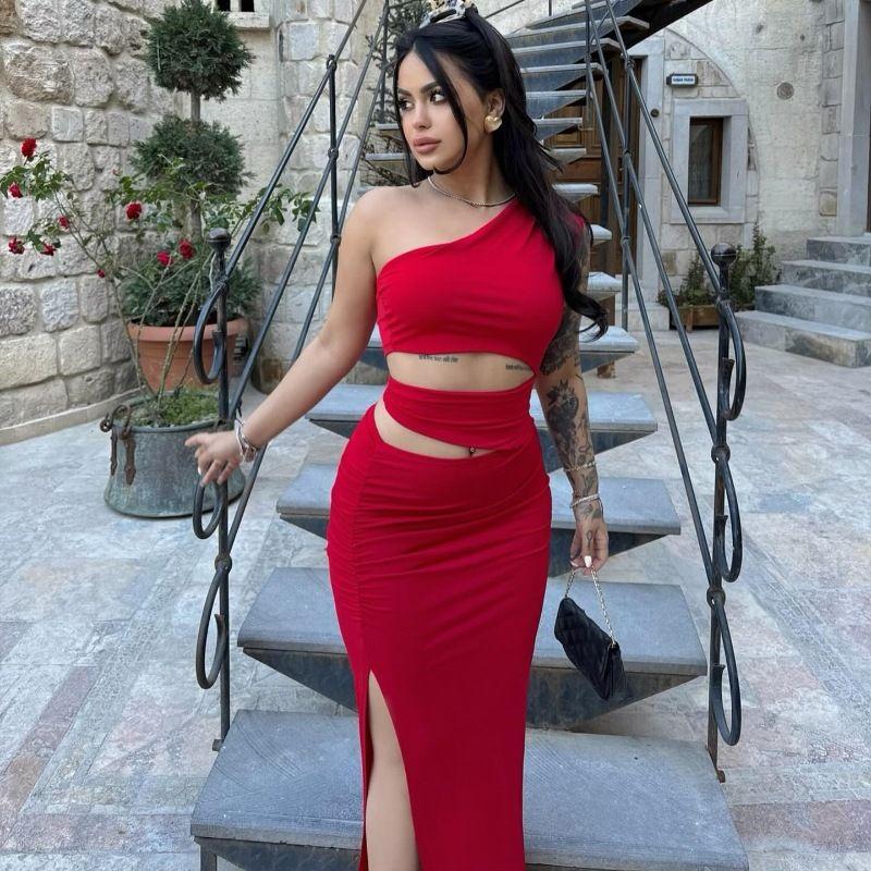 Fashion 2024 Summer Pure Color New Arrival Slim-Fit Oblique Shoulder Sexy Cutout Sexy Split Irregular Dress