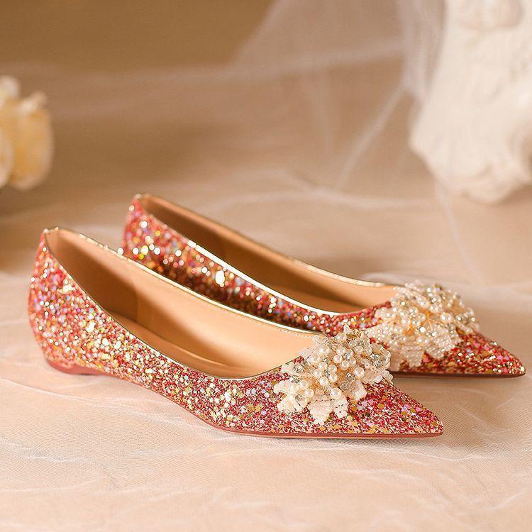 Xiuhe Wedding Shoes Women's 2025 New Main Wedding Dress Two Wear Bridal Shoes Crystal Tip Inner Height Increase Pregnant Women Shallow Mouth Single