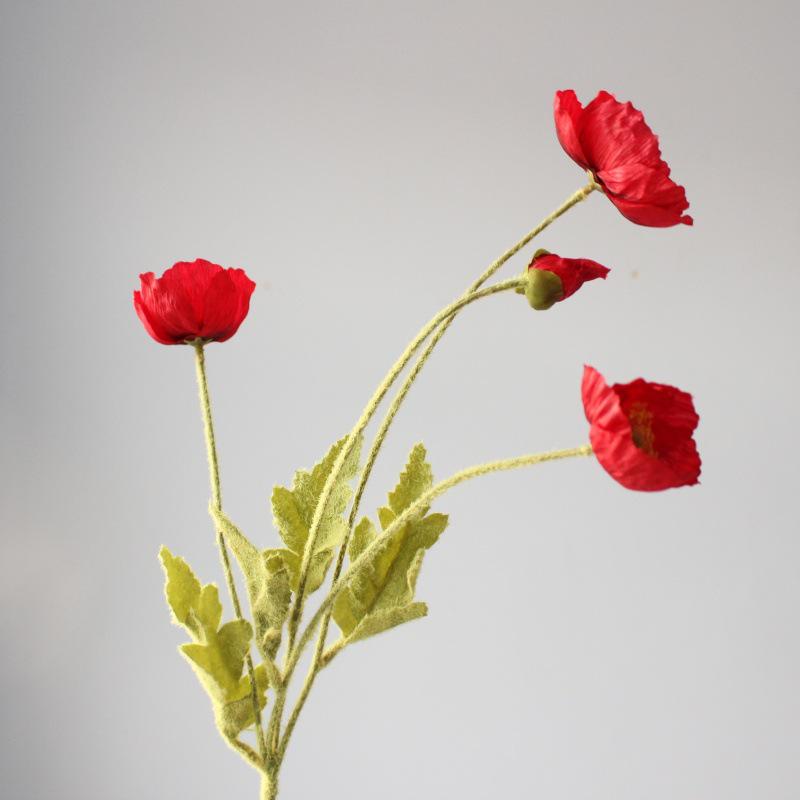 Artificial Poppy Flower - 4 Head Silk Flocked Floral Decoration & Photography Prop