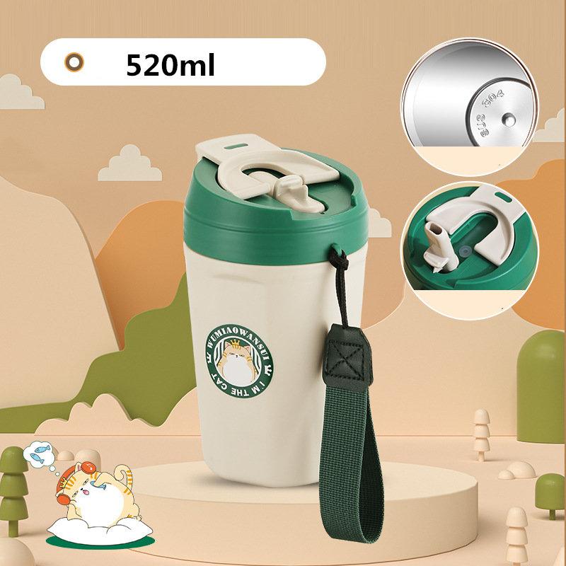 520ML/620ML Cartoon Cat Pattern 304 Stainless Steel Thermal Cup For Coffee Direct Drink/Straw Drinking 2in1 Travel Mug Leakproof