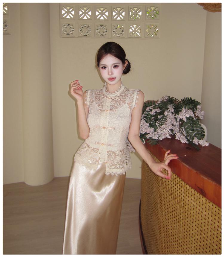 Summer 2026 Elegant Three-Piece Set: Lace Embroidered Top with Straps, High-End Satin Mermaid Skirt.