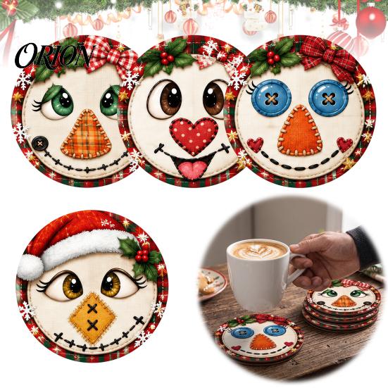 Rustic Wooden Coasters 4Pcs Christmas Snowman Coasters, Cute Face Drink Cup Natural Wood Mats, Heat Resistant UV Printed Tabletop Holiday Decorations