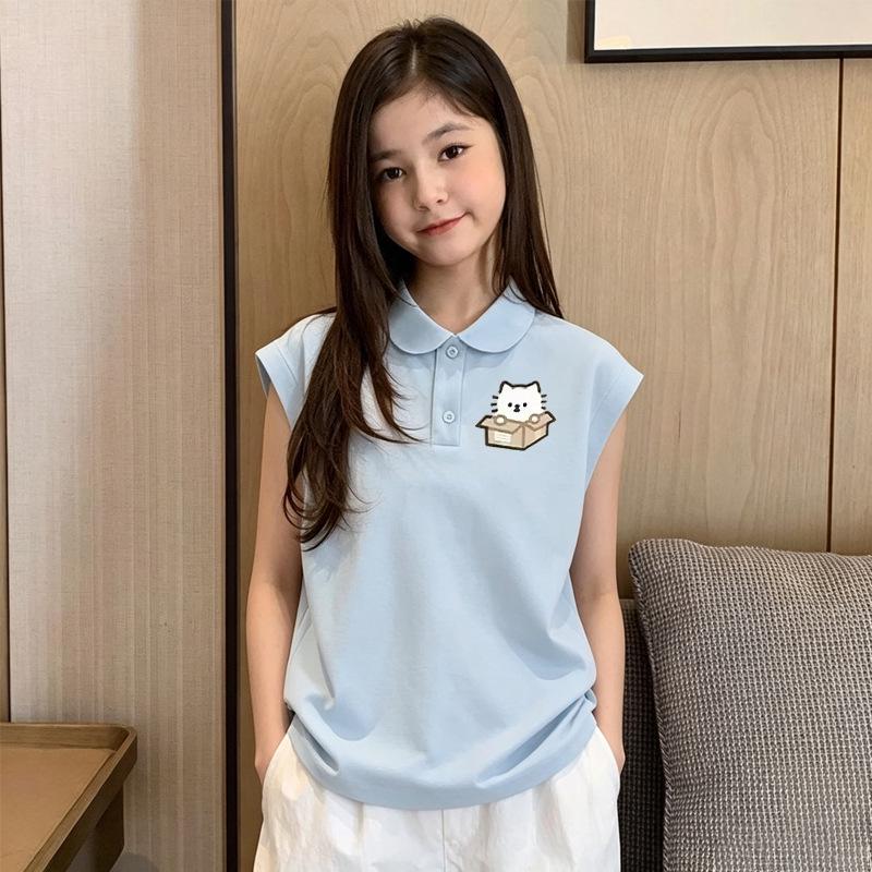 Trendy Girls' Pure Cotton Sleeveless Polo Shirt - Stylish Summer Vest for Kids Aged 6-15