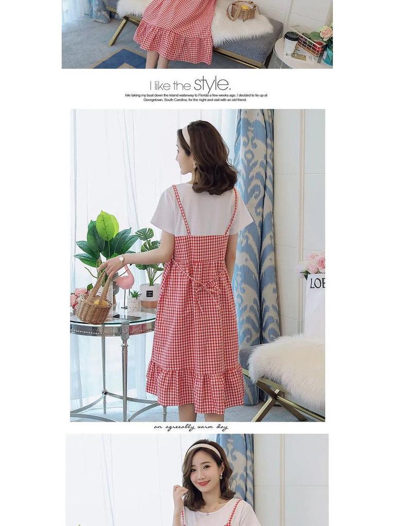 Koreanisches Karokleid für Übergrößen in der Schwangerschaft - Kurzärmelig, Zweiteiliger Look, Lockerer Schnitt, Rundhalsausschnitt