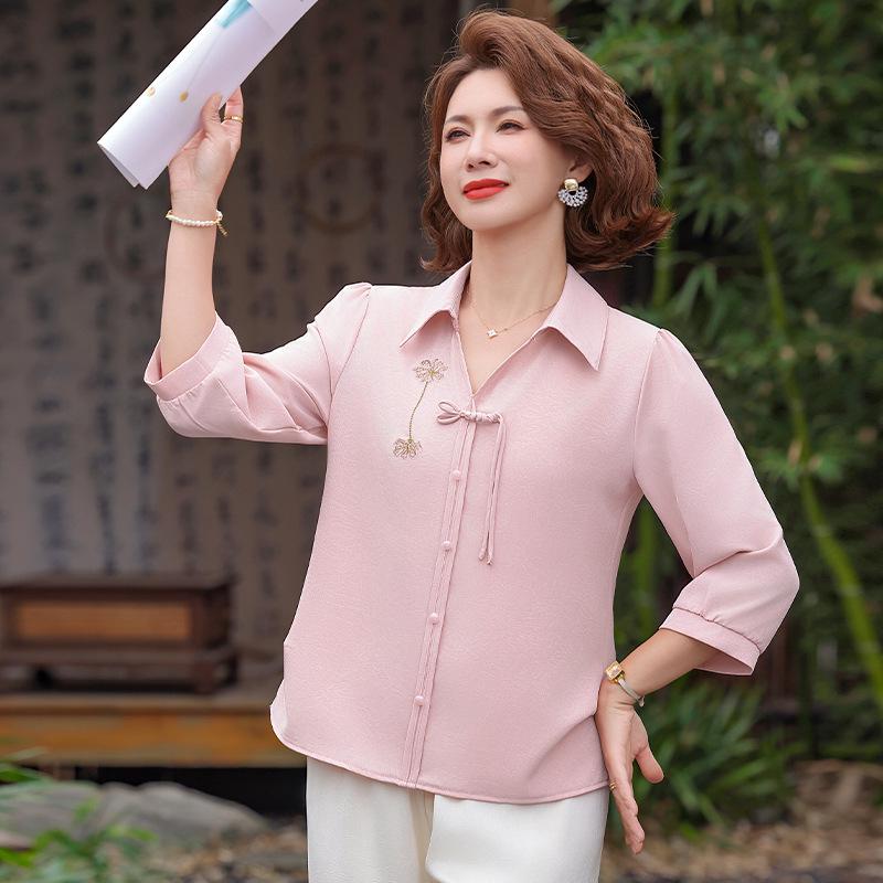 

Stylish Spring/Summer Chinese-Style Top for Middle-Aged Women: Seven-Sleeve Blouse 2XL [For 105-120 lbs]