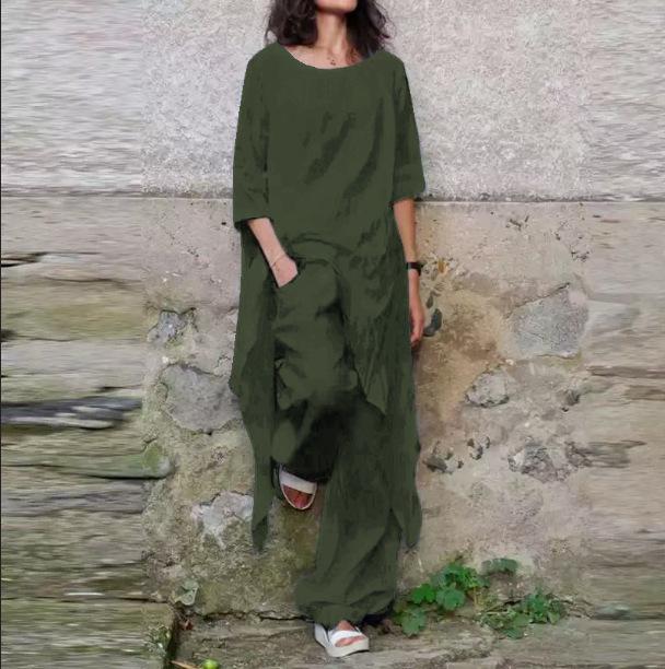 Conjunto de dos piezas de lino de color liso, manga media irregular, para mujer, traje de pantalón ancho informal de gran tamaño