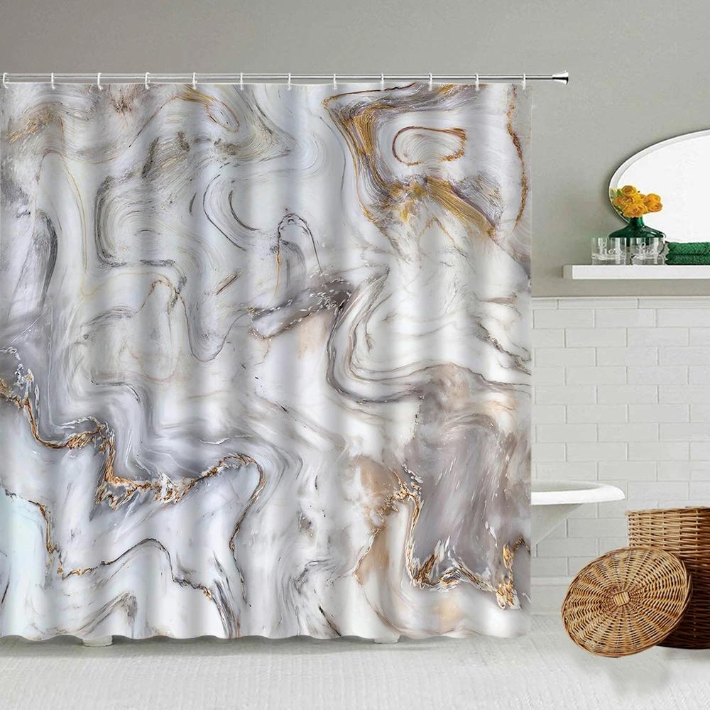 Marble Striped Shower Curtain For Bathroom, Waterproof Screen With Hook, White, Gray, Gold, Black, Decorative Accessories
