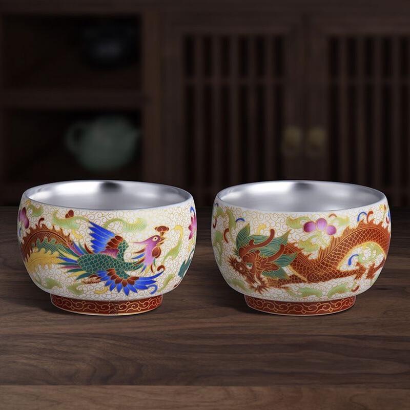 Chaxun Gilded 999 Silver Dragon & Phoenix Ceramic Teacup