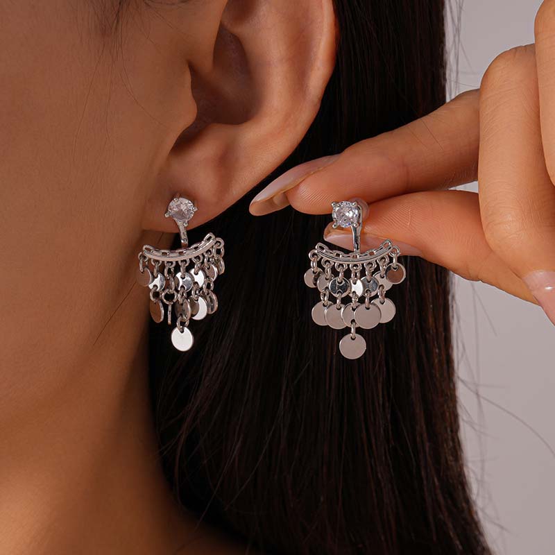 Silver Color Round Tassel Earrings for Women Luxury Zircon Geometric Circular Drop Earrings Wedding Jewelry Gifts