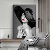 Mode Mädchen Schwarz Weiß Kunst Rote Lippen Leinwand Malerei Für Wohnzimmer, Mädchen Zimmer Sexy Mädchen Nodic Kunst Dekorative Bilder