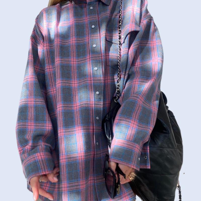 Women's Retro Plaid Long Sleeve Loose Lapel Shirt for Spring and Autumn