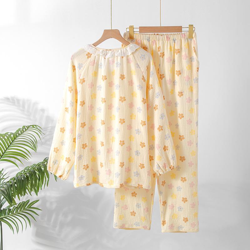 2026 New Spring/Summer Women's Pajama Set Pure Cotton Crepe Sweet and Cute Long Sleeve Long Pants Two Piece Home Clothes