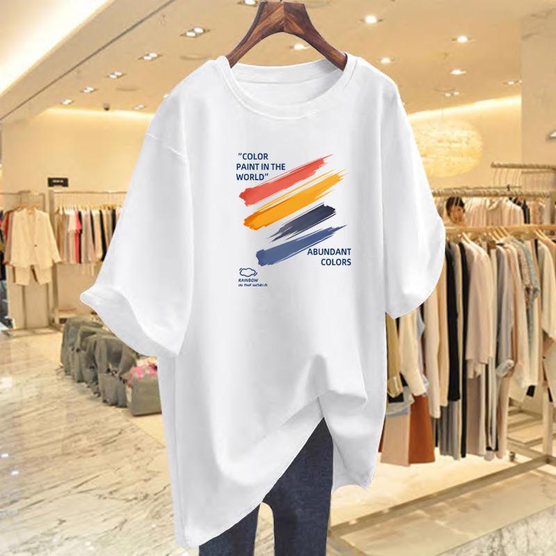 

Pure cotton large size casual letter color printed t-shirt women s summer new loose white short-sleeved top bottoming shirt S