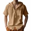 Men's Beige Linen Blend Hooded Drawstring Short Sleeve Button Up Pocket Casual Shirt